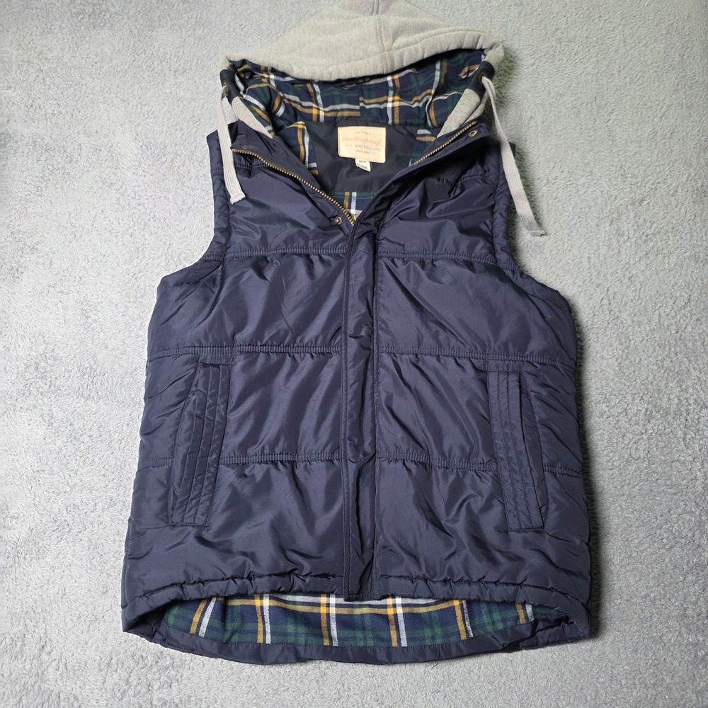 Weatherproof Vintage Mens Medium Puffer Vest Navy Blue Hooded Plaid Lined 7092